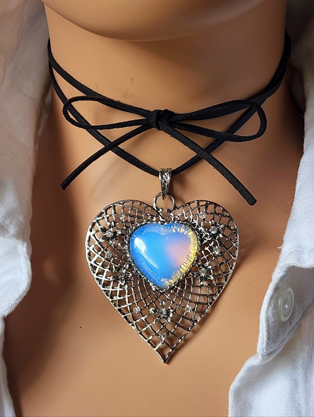 ❤️ Large Heart Big Silver Heart Pendant Opalite Moonstone Boho Jewelry